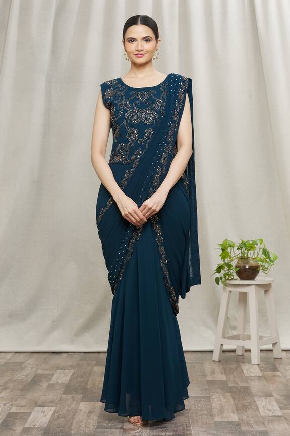 Nazaakat by Samara Singh Blue Georgette Embroidered Saree Gown 4