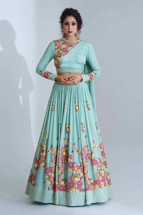 Buy Suruchi Parakh Green Shantoon Embroidered Lehenga And Draped Blouse ...