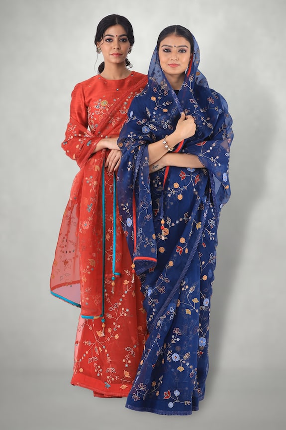 I am Design Blue Silk Organza Aari Embroidered Saree With Blouse 4