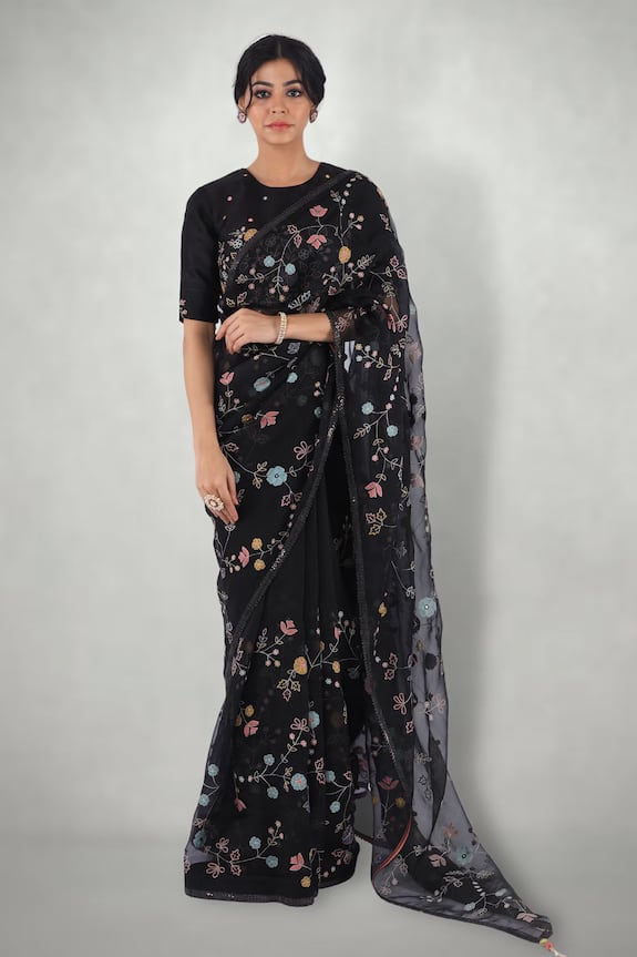 I am Design Black Silk Organza Floral Embroidered Saree 1