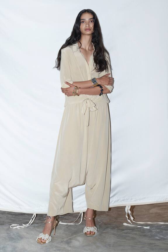 Anamika Khanna Beige Silk Knotted Shirt And Pant Set 0
