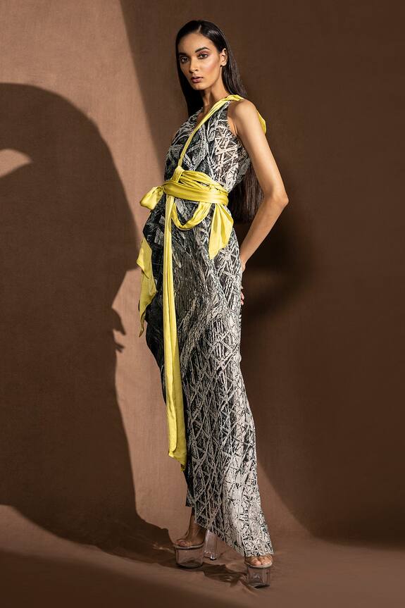 Buy Abhishek Sharma White Draped Geometric Pattern Maxi Dress Online