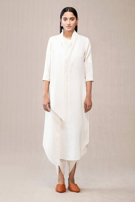AMPM_White Linen Draped Kurta And Dhoti Pant Set_Online_at_Aza_Fashions