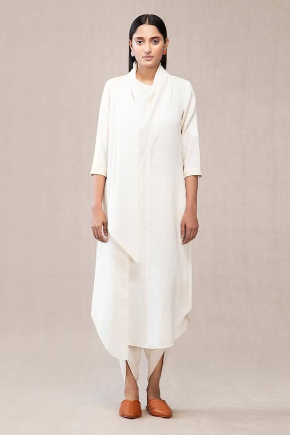 Buy_AMPM_White Linen Draped Kurta And Dhoti Pant Set_Online_at_Aza_Fashions