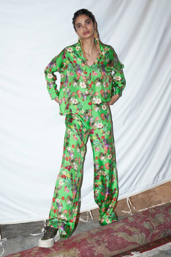 Anamika Khanna Green Silk Printed Shirt And Pant Set 0