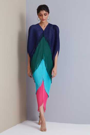Buy Scarlet Sage Multi Color Polyester Colorblock Fringe Kimono Dress ...