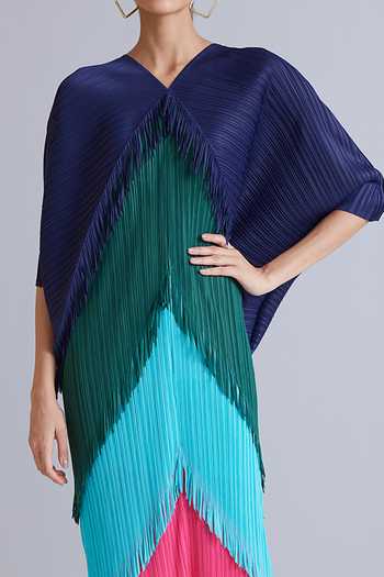 Buy Scarlet Sage Multi Color Polyester Colorblock Fringe Kimono Dress ...