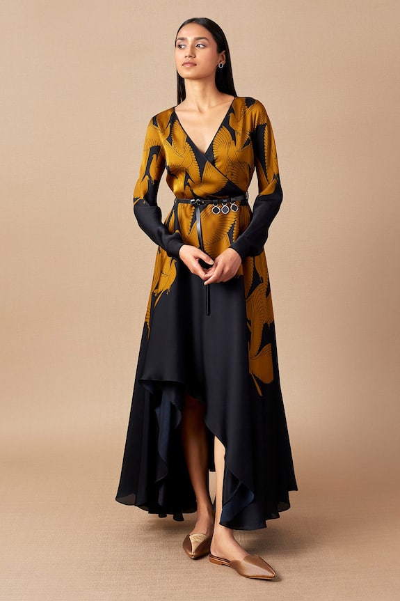 AMPM Black Satin Organza Helen Printed Dress 0