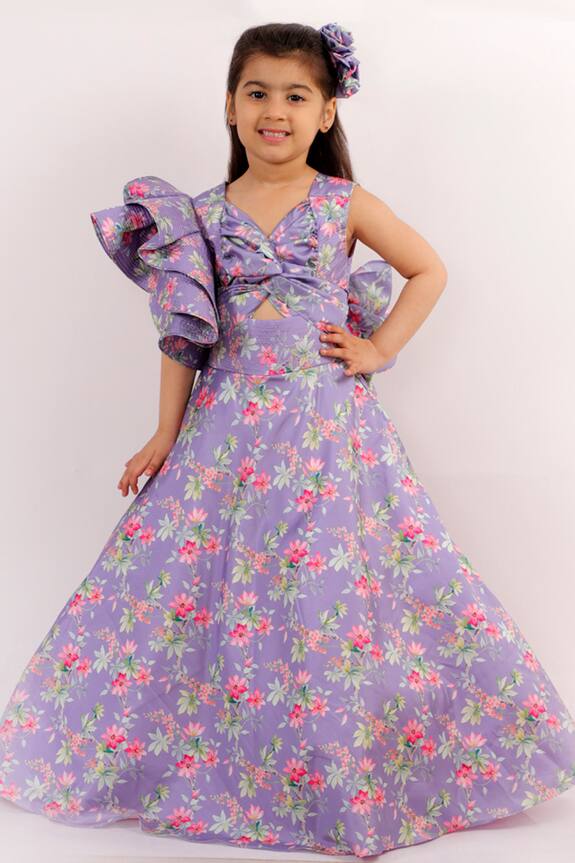 Lil Angels Purple Floral Print Gown For Girls 0