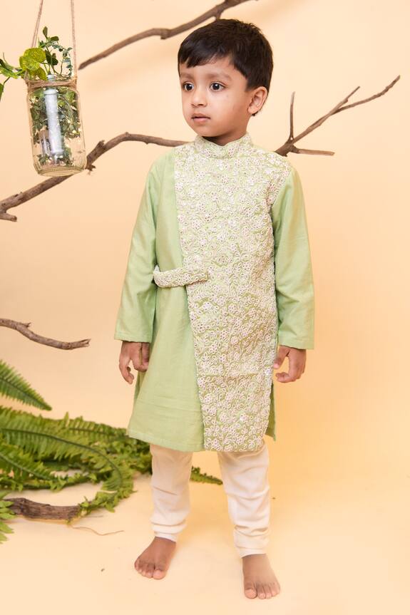 Lil Angels Green Embroidered Kurta And Pant Set For Boys 0