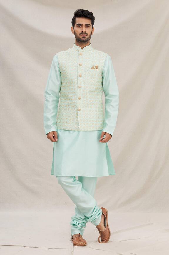 Arihant Rai Sinha Green Faux Satin Banarasi Silk Bundi And Kurta Set 0
