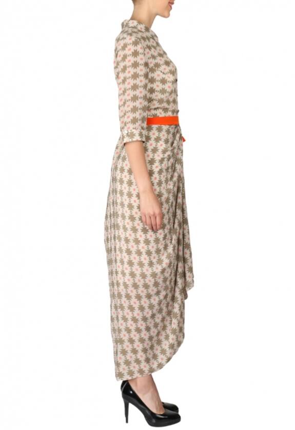 Soup by Sougat Paul Off White, Coral And Beige Printed Dhoti Dress 3