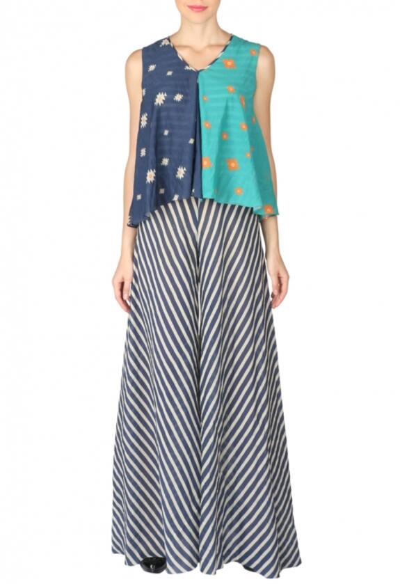 Soup by Sougat Paul Navy Blue And Sea Green Aztec Striped Jumpsuit 1
