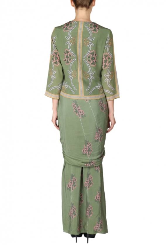 Soup by Sougat Paul Green Crepe Floral Printed Saree With Bomber Jacket 2