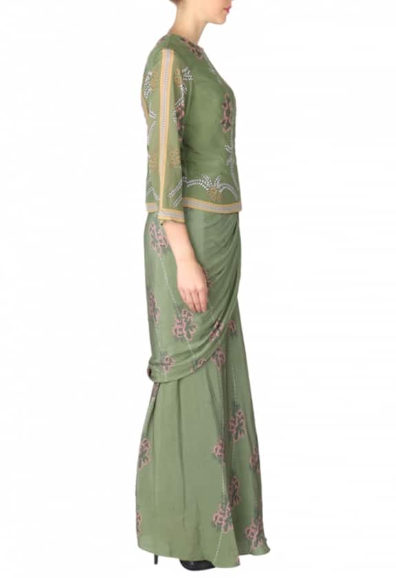 Soup by Sougat Paul Green Crepe Floral Printed Saree With Bomber Jacket 3