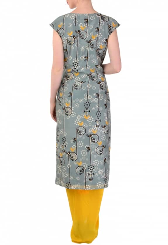 Soup by Sougat Paul Light Grey Bird Printed Tunic With Yellow Dhoti Skirt 2