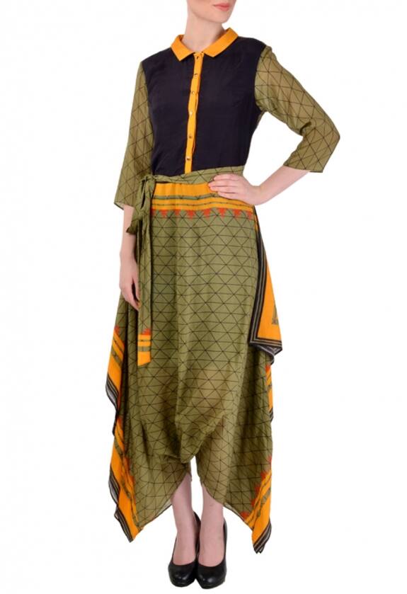 Soup by Sougat Paul Green Navy, Yellow And Olive Geometric Printed Jumpsuit 1