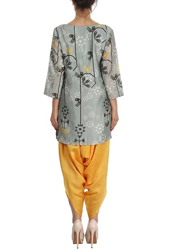 Soup by Sougat Paul Grey And Canary Yellow Bird Printed Tunic With Patiala 2