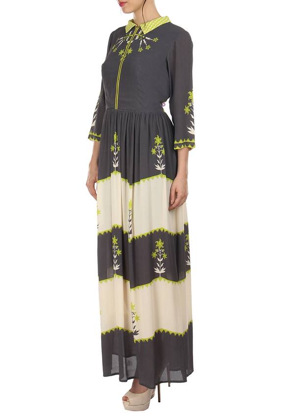 Soup by Sougat Paul Grey Charcoal, White And Lime Green Printed Maxi Dress 3