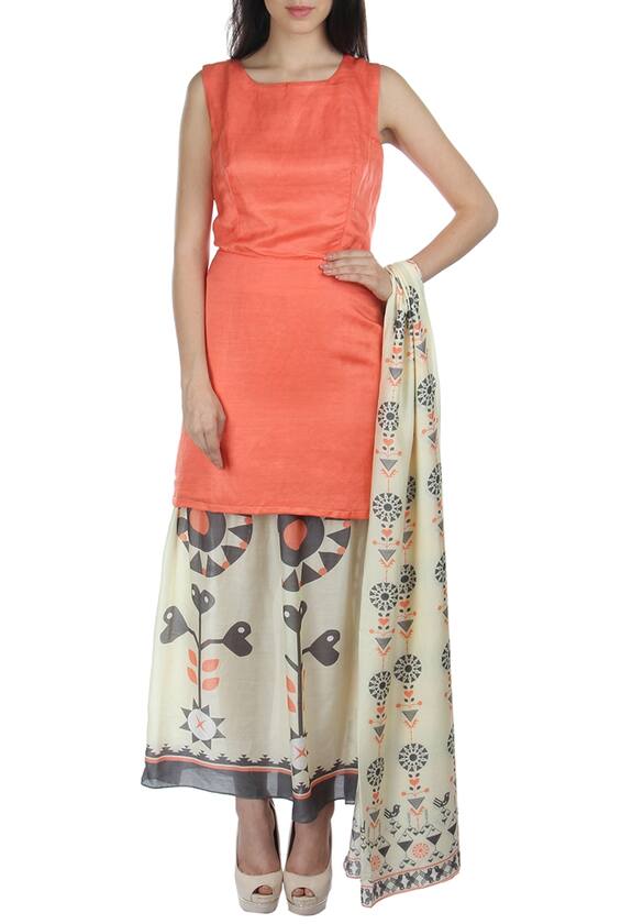Soup by Sougat Paul Peach And White Motif Printed Dress With Dupatta 1