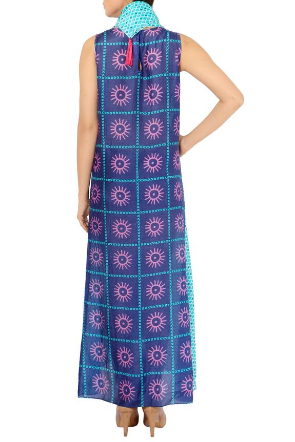 Soup by Sougat Paul Blue Cotton Silk Printed Dress With Scarf 2