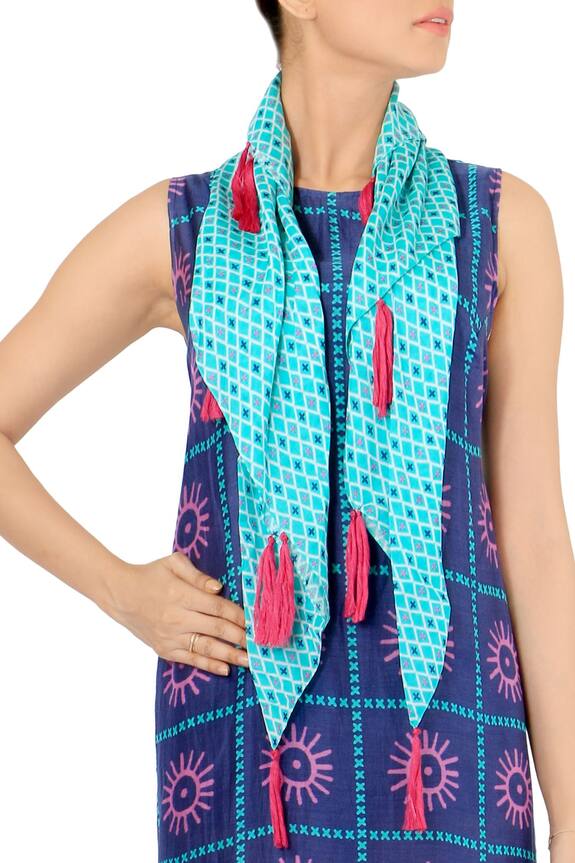 Soup by Sougat Paul Blue Cotton Silk Printed Dress With Scarf 4