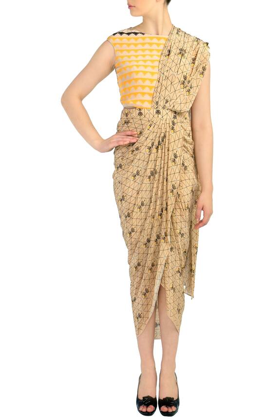 Soup by Sougat Paul Beige Cotton Silk Pre-draped Printed Saree Dress 0