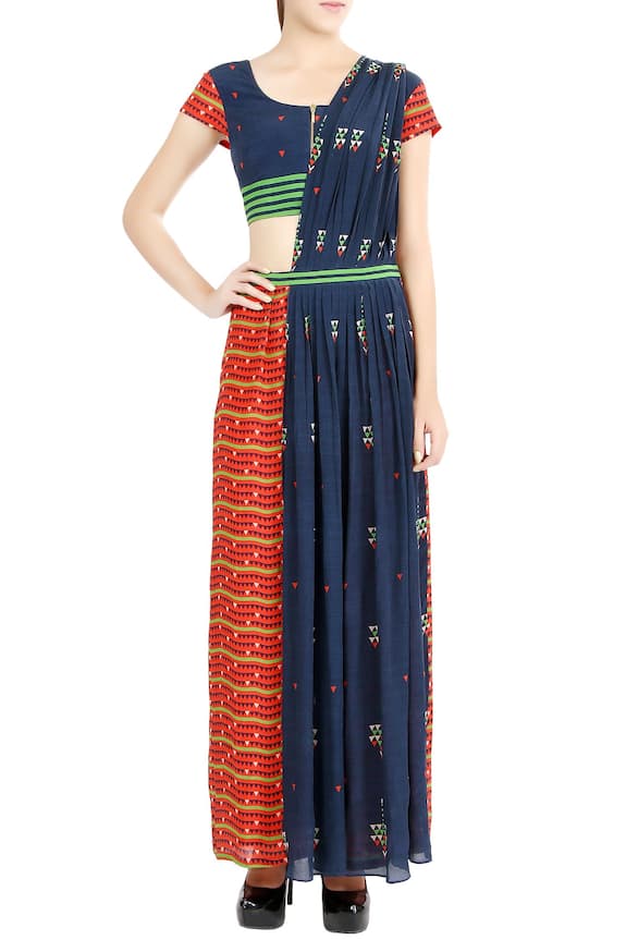 Soup by Sougat Paul Blue Crepe Printed Pant Saree With Jacket 3