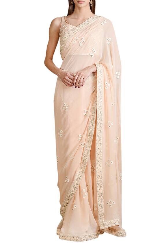 Sahil Kochhar Peach Georgette Floral Embroidered Saree With Blouse 1