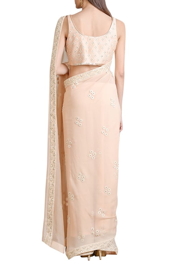 Sahil Kochhar Peach Georgette Floral Embroidered Saree With Blouse 2