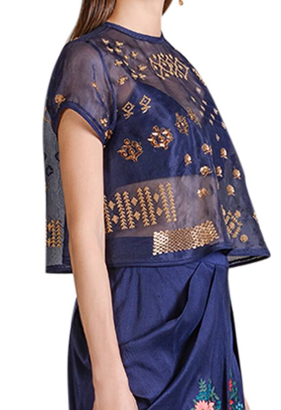 Sahil Kochhar Blue Raw Silk Draped Skirt And Sheer Embellished Top 4