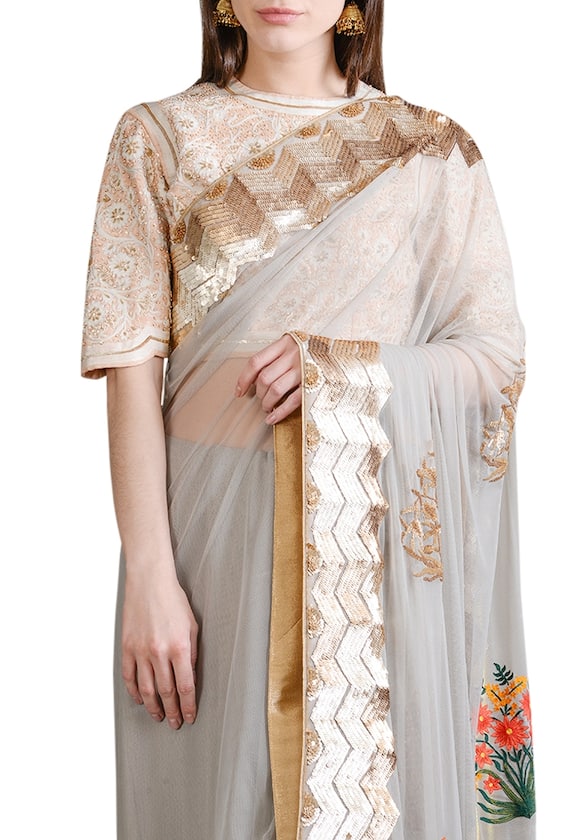 Sahil Kochhar Grey Net Embroidered Saree With Blouse 3