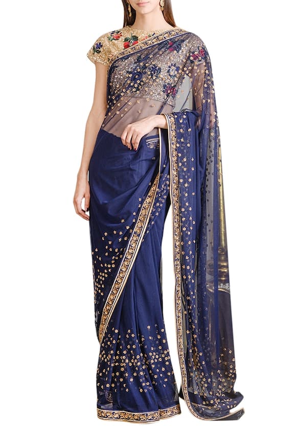 Sahil Kochhar Blue Net Embellished Saree With Blouse 1
