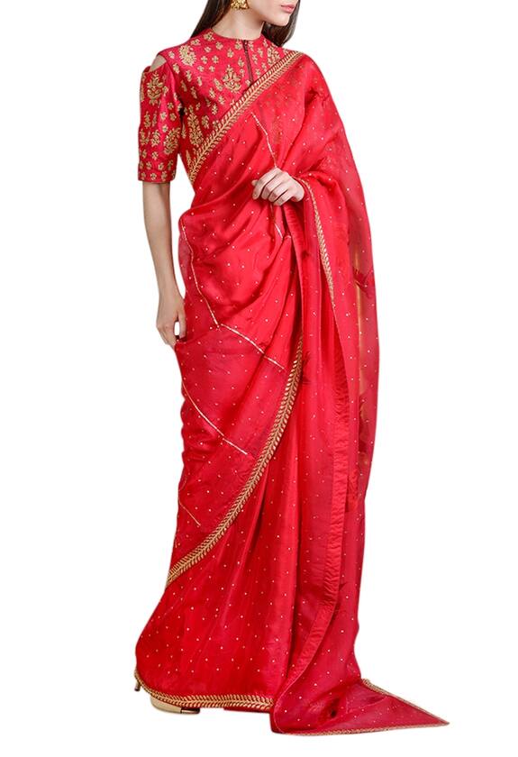 Sahil Kochhar Red Raw Silk Saree With Embellished Blouse 1