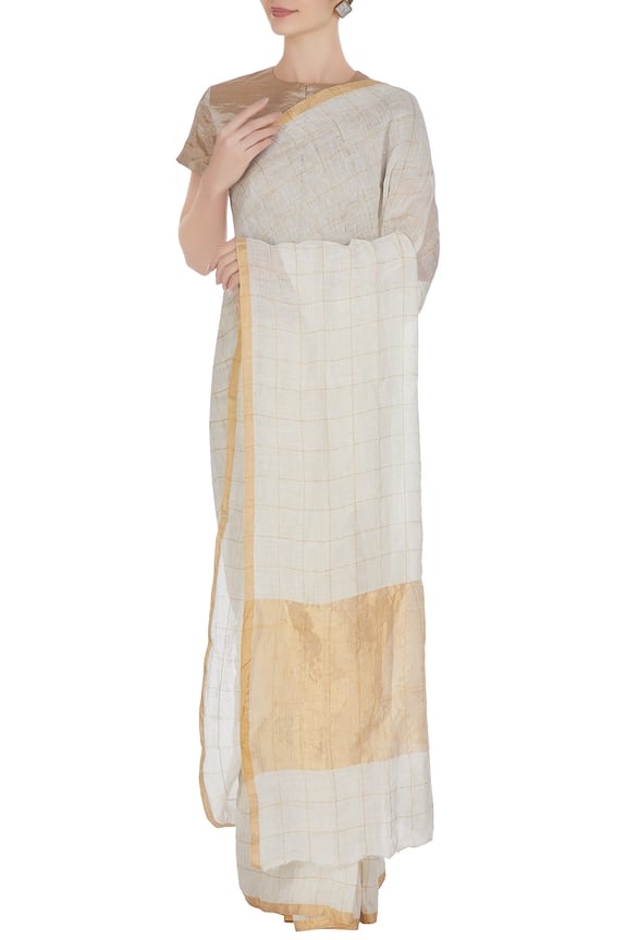 Anavila Gold Linen Woven Saree With Unstitched Blouse Fabric 1