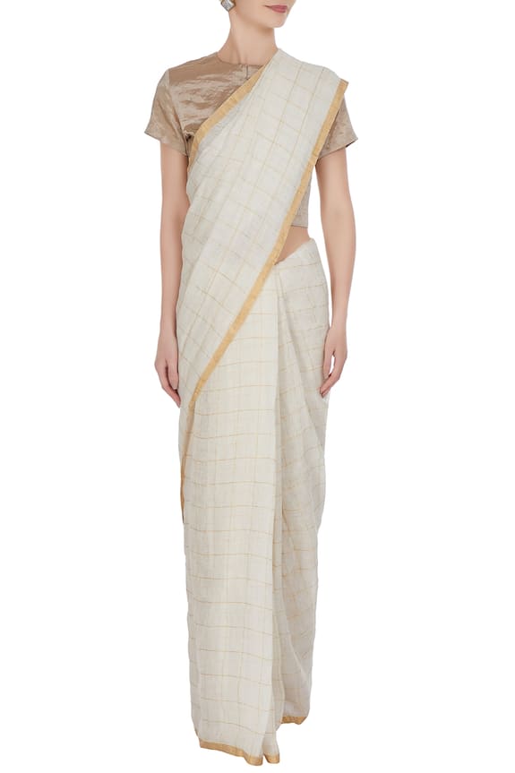 Anavila Gold Linen Woven Saree With Unstitched Blouse Fabric 3