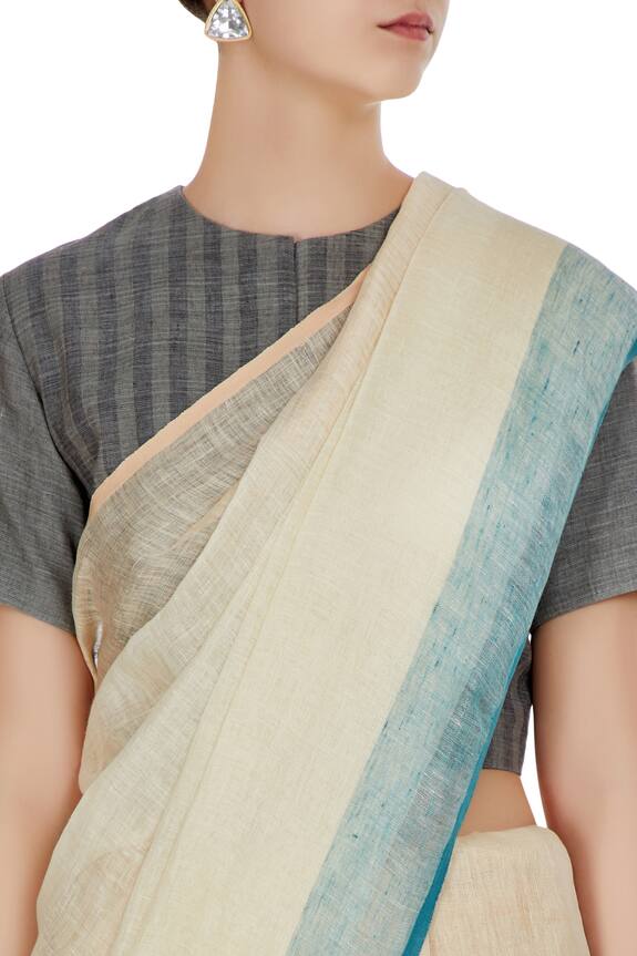 Anavila Beige Linen Hand Woven Saree With Blue Border And Unstitched Blouse 4