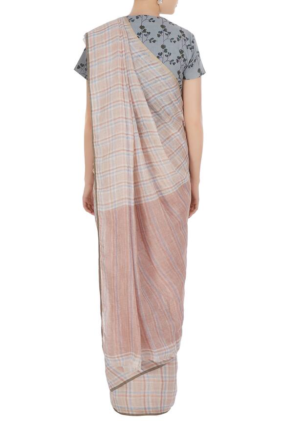 Anavila Peach Summer-y Plaid Linen Hand Woven Saree With Unstitched Blouse 2
