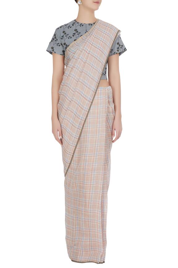 Anavila Peach Summer-y Plaid Linen Hand Woven Saree With Unstitched Blouse 3
