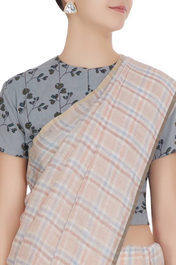 Anavila Peach Summer-y Plaid Linen Hand Woven Saree With Unstitched Blouse 4
