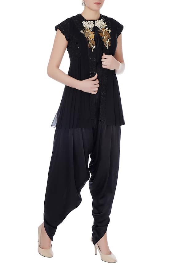 Buy Yashodhara Black Raw Silk Solid Blouse With Dhoti Pants And ...