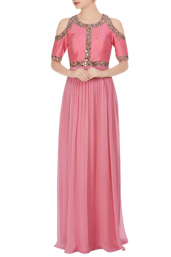 Kresha Lulla Pink Embellished Cold-shoulder Gown 0