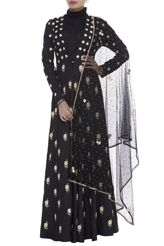 Neeta Lulla Black Embroidered Jacket With High Collar Dress And Dupatta 1