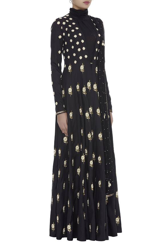 Neeta Lulla Black Embroidered Jacket With High Collar Dress And Dupatta 3
