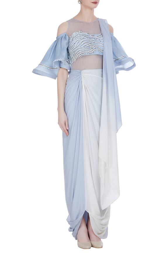 Babita Malkani Blue Crepe Silk Saree Gown With Attached Organza Ruffle Blouse 3