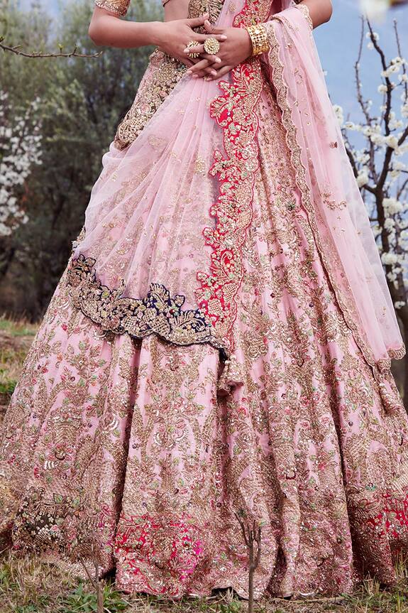 Buy Dolly J Pink Raw Silk Cyan Dust Embroidered Lehenga Set Online