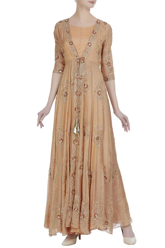 Pleats by Kaksha and Dimple Orange Hand Embroidered Sequin And Bead Jacket With Anarkali 0