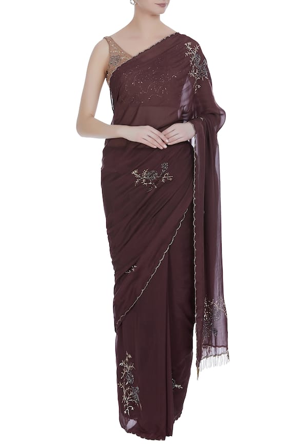 Pleats by Kaksha and Dimple Brown Sequin And Bead Embroidered Saree With Sleeveless Blouse 0