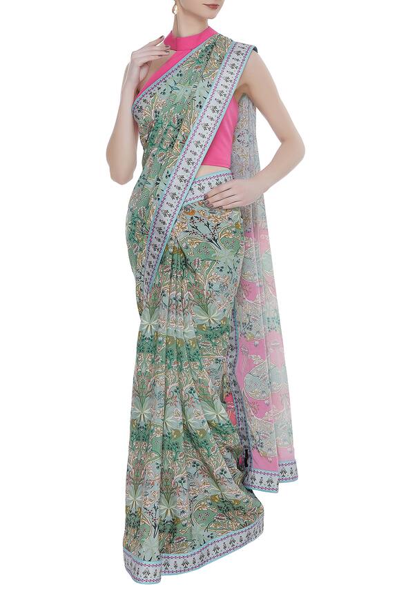 Siddhartha Bansal Green Crepe Silk Floral Printed Saree 0