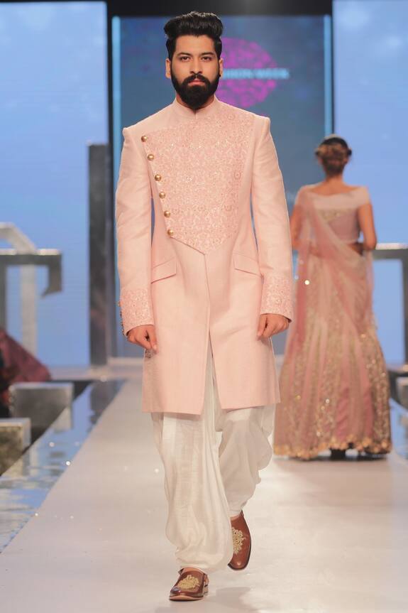 Nivedita Saboo Pink Embroidered Sherwani With Cowl Style Pants 0
